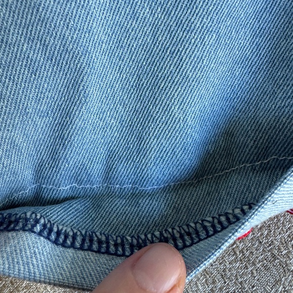 Levi's Customized Blue Overalls with Hand-sewn Red and White Strawberry Details - Picture 12 of 16